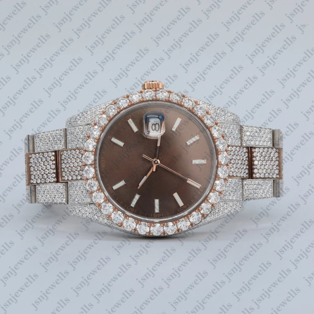 2-Tone Brown Dial Swiss Movement Moissanite Iced Out Watch