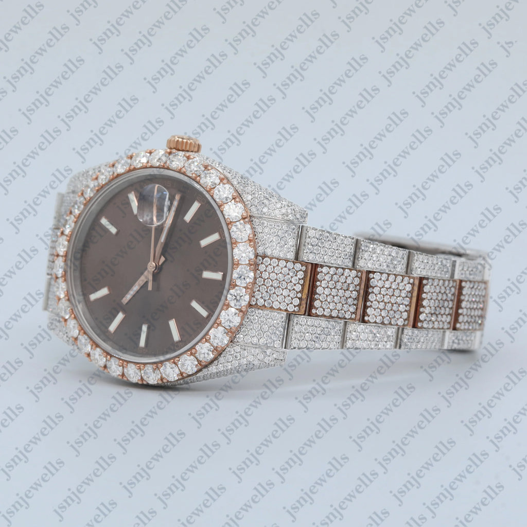 2-Tone Brown Dial Swiss Movement Moissanite Iced Out Watch