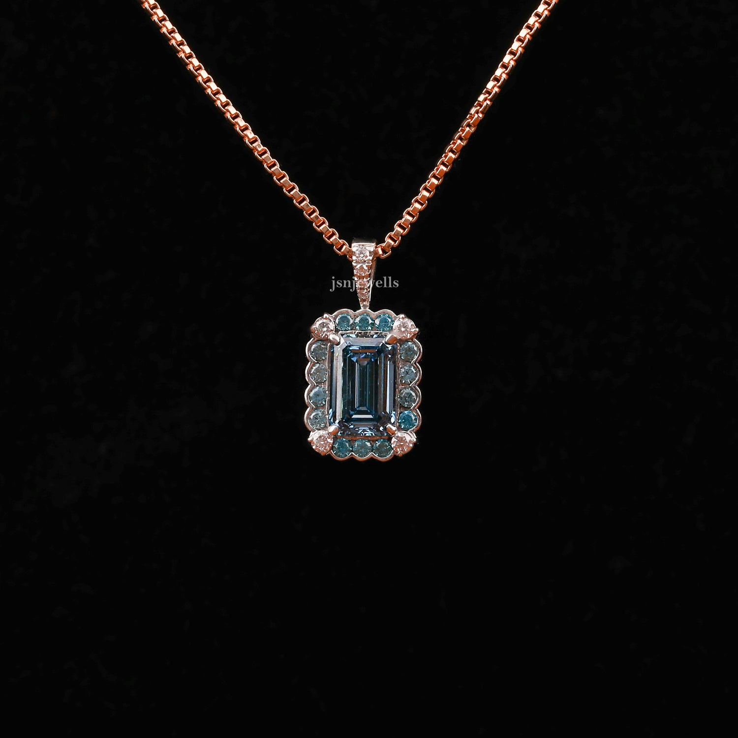 Blue Emerald Cut Lab Grown Diamond Halo Pendant Necklace