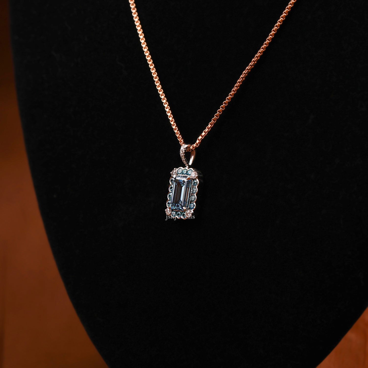 Blue Emerald Cut Lab Grown Diamond Halo Pendant Necklace
