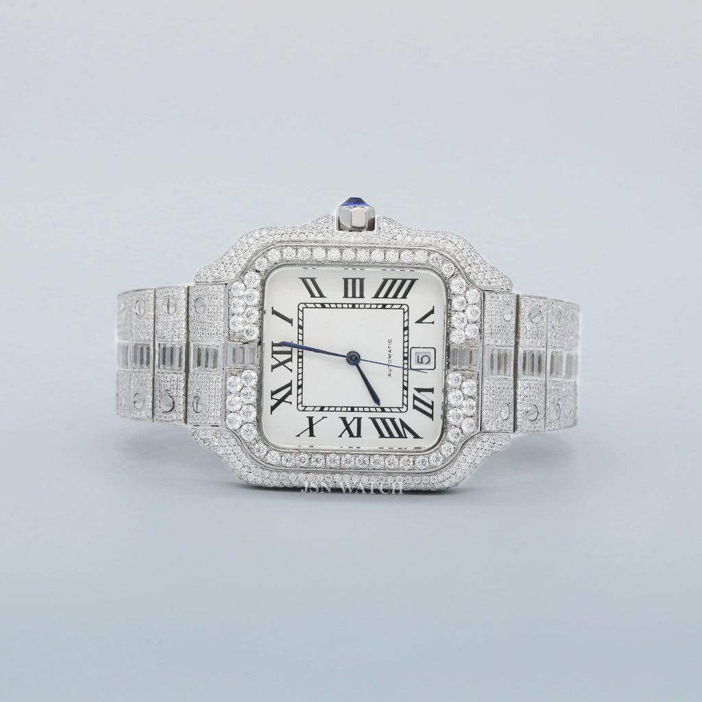 Round And Baguette Moissanite Iced Out Automatic Watch