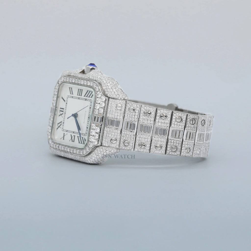 Round And Baguette Moissanite Iced Out Automatic Watch