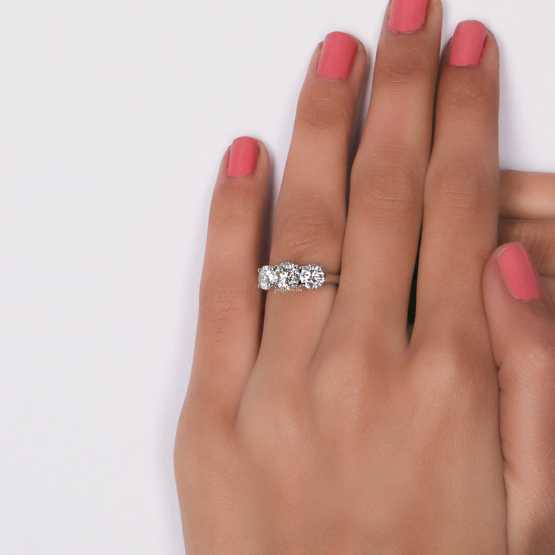 Round Cut Lab Grown Diamond Three Stone Engagement Ring