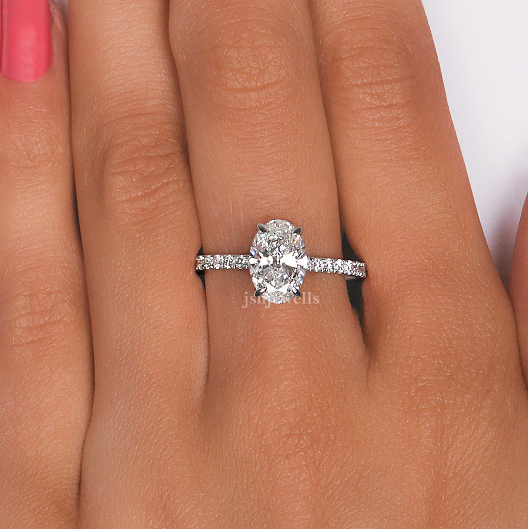 Oval Cut Lab Grown Diamond Engagement Ring – Hidden Halo & Pave Setting
