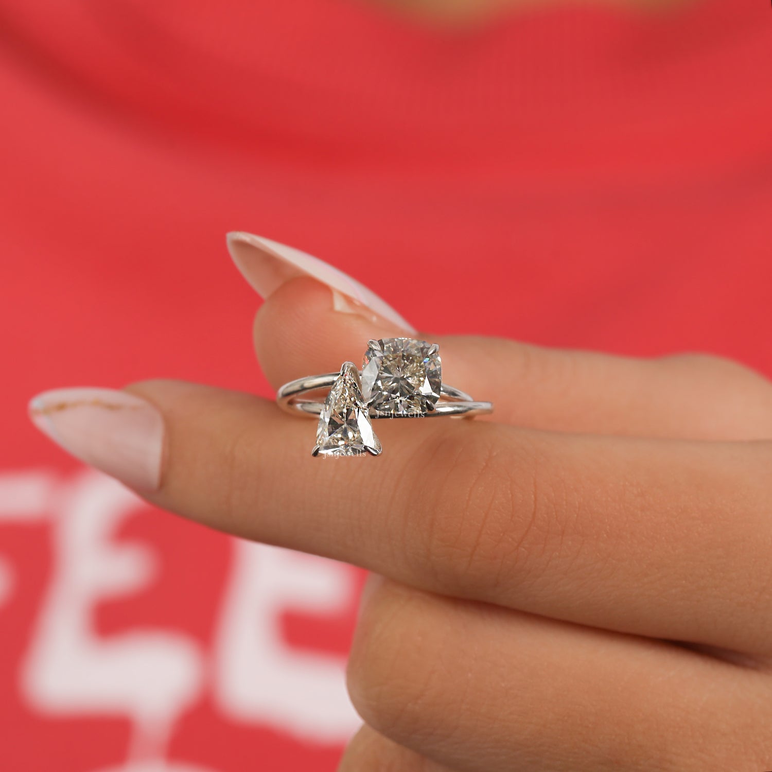 Pink Cushion & Trillion Cut Lab Grown Diamond Bypass Toi et Moi Engagement Ring