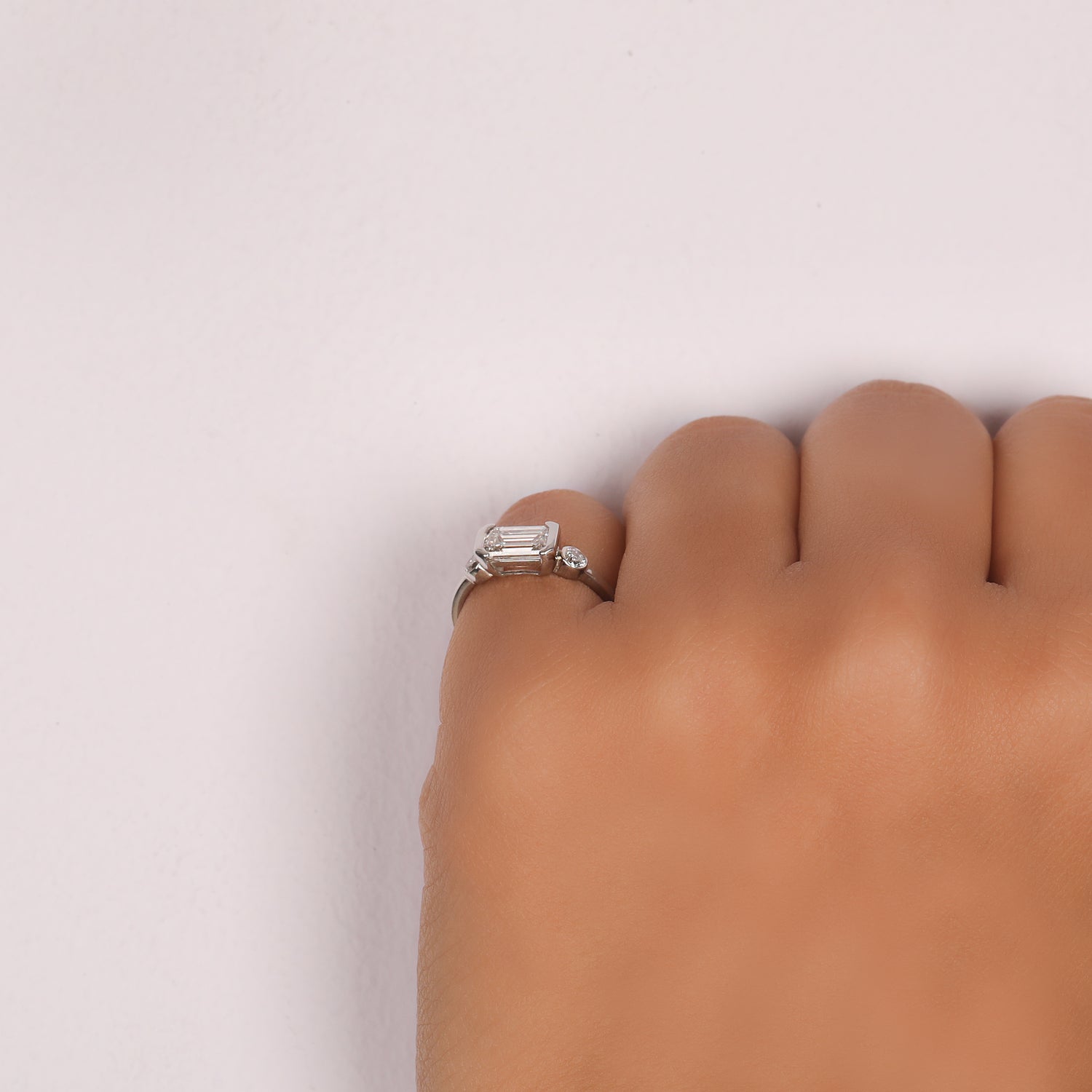 East West Emerald Cut Lab Grown Diamond Three Stone Engagement Ring