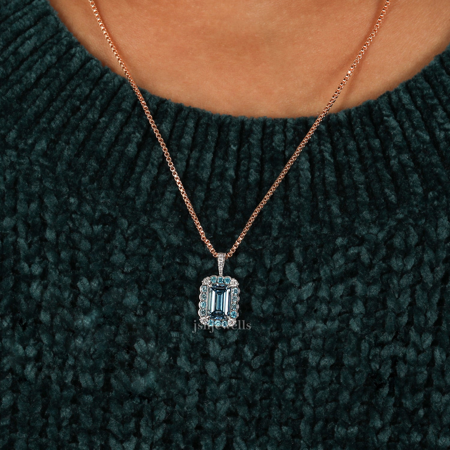 Blue Emerald Cut Lab Grown Diamond Halo Pendant Necklace
