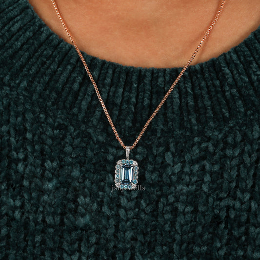 Blue Emerald Cut Lab Grown Diamond Halo Pendant Necklace