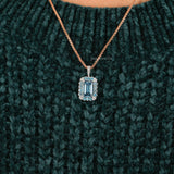 Blue Emerald Cut Lab Grown Diamond Halo Pendant Necklace