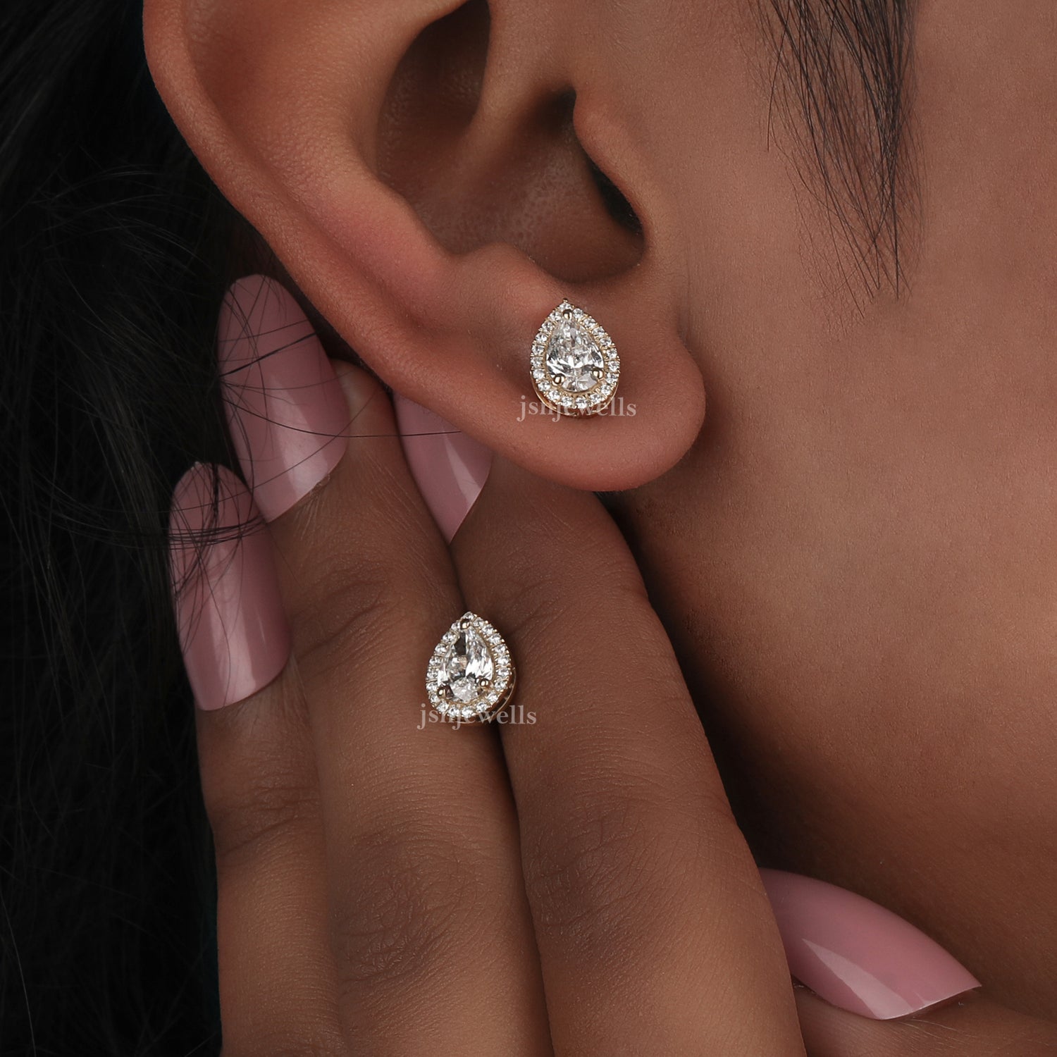 Pear Cut Lab Grown Diamond Halo Stud Earrings