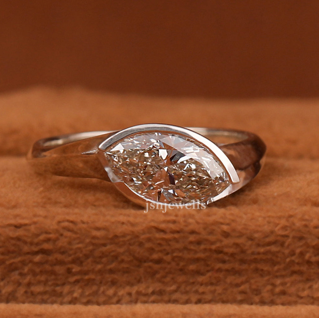 East West Marquise Cut Lab Grown Diamond Bezel Solitaire Engagement Ring