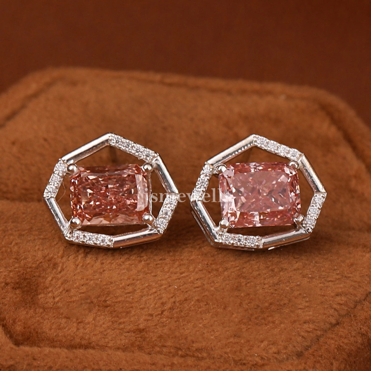 Pink Radiant Cut Lab Grown Diamond Dainty Halo Stud Earrings