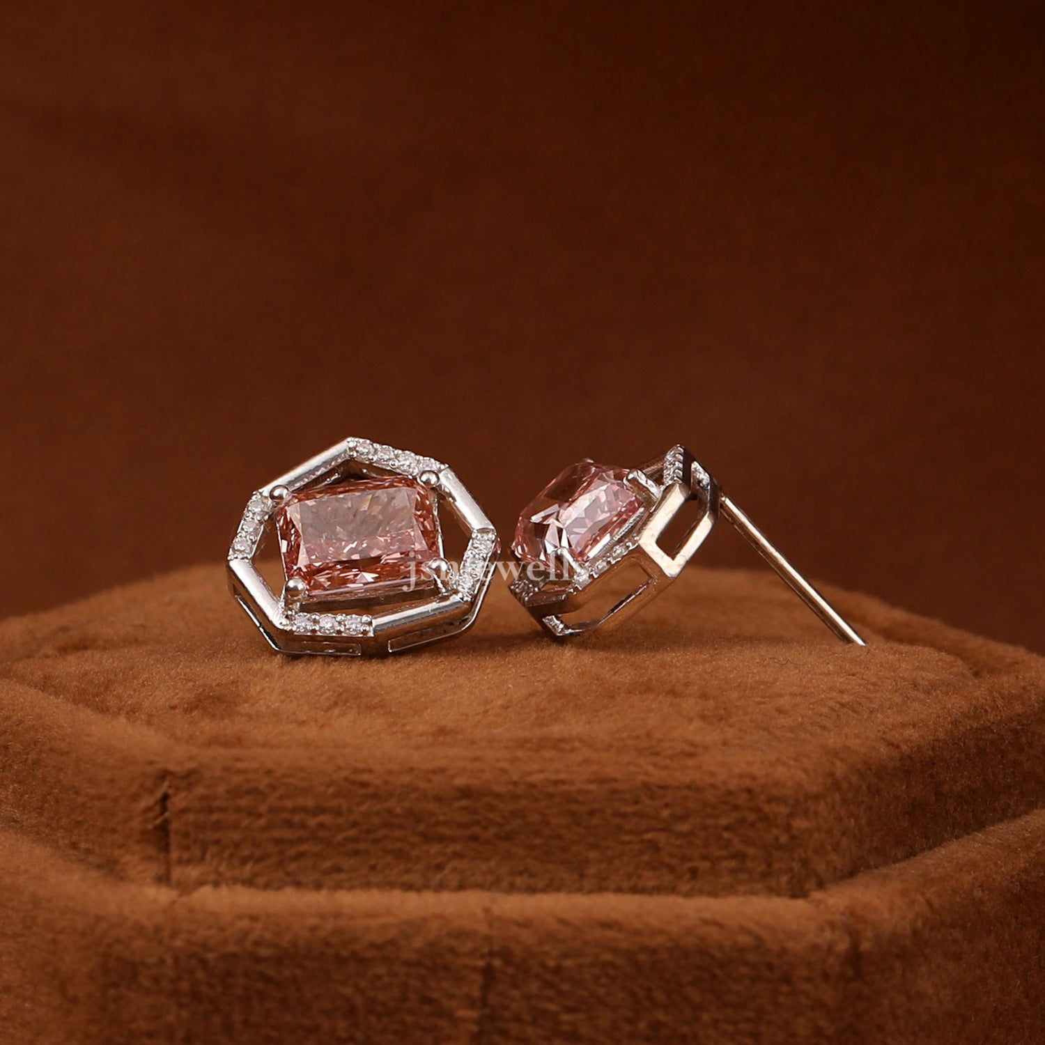 Pink Radiant Cut Lab Grown Diamond Dainty Halo Stud Earrings