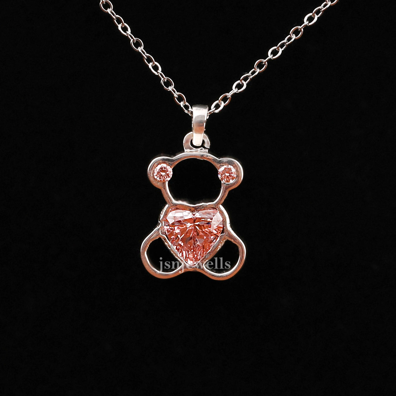 Pink Heart Shape Lab Grown Diamond Teddy Bear Style Pendant Necklace