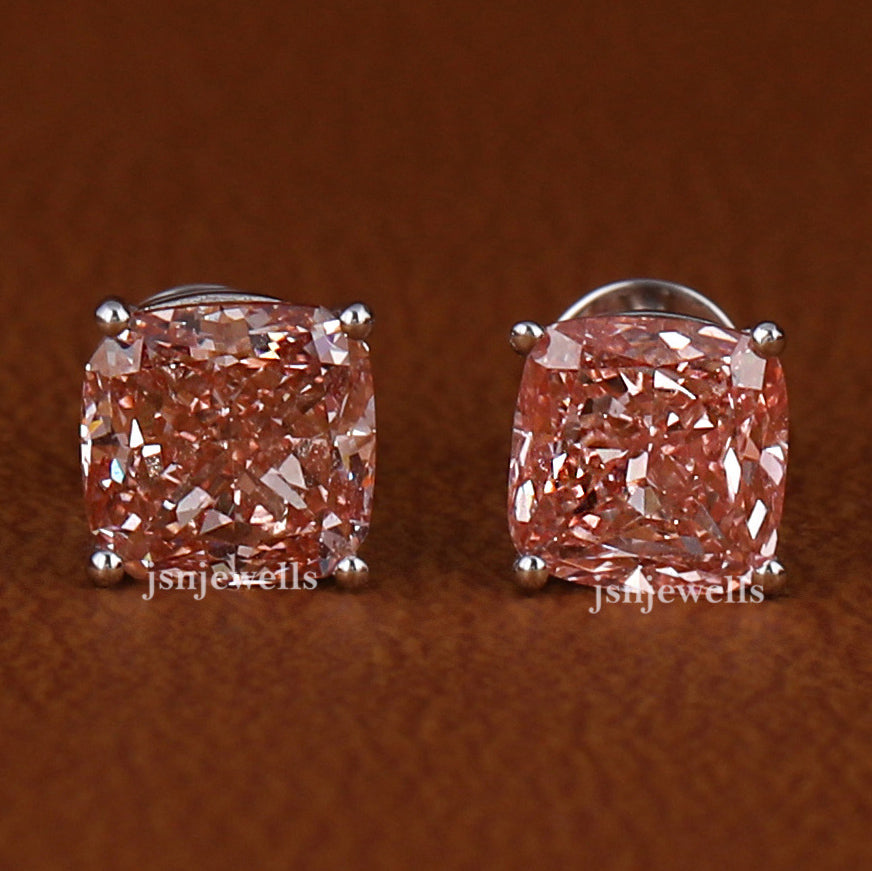 Pink Cushion Cut Lab Grown Diamond Solitaire Stud Earrings