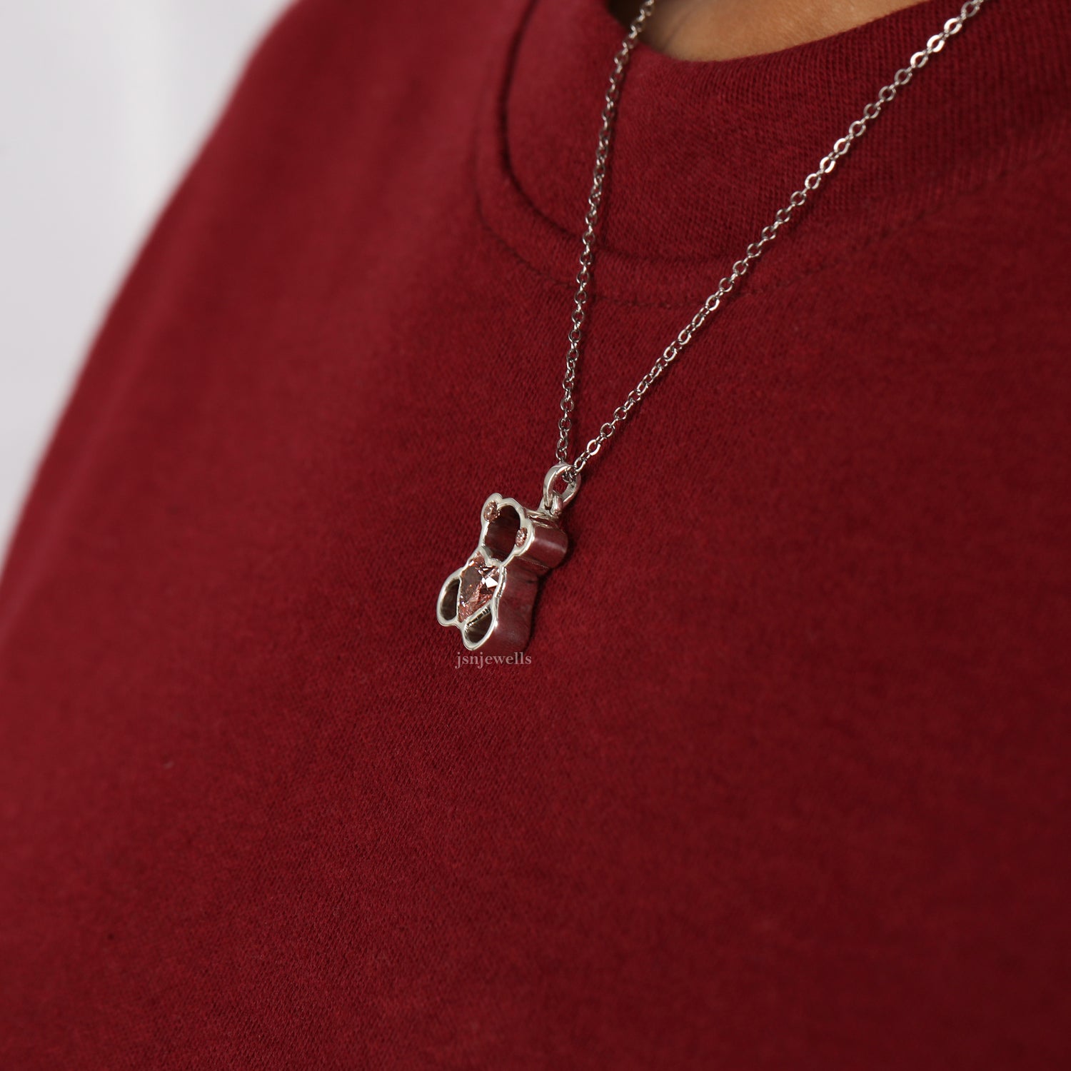 Pink Heart Shape Lab Grown Diamond Teddy Bear Style Pendant Necklace