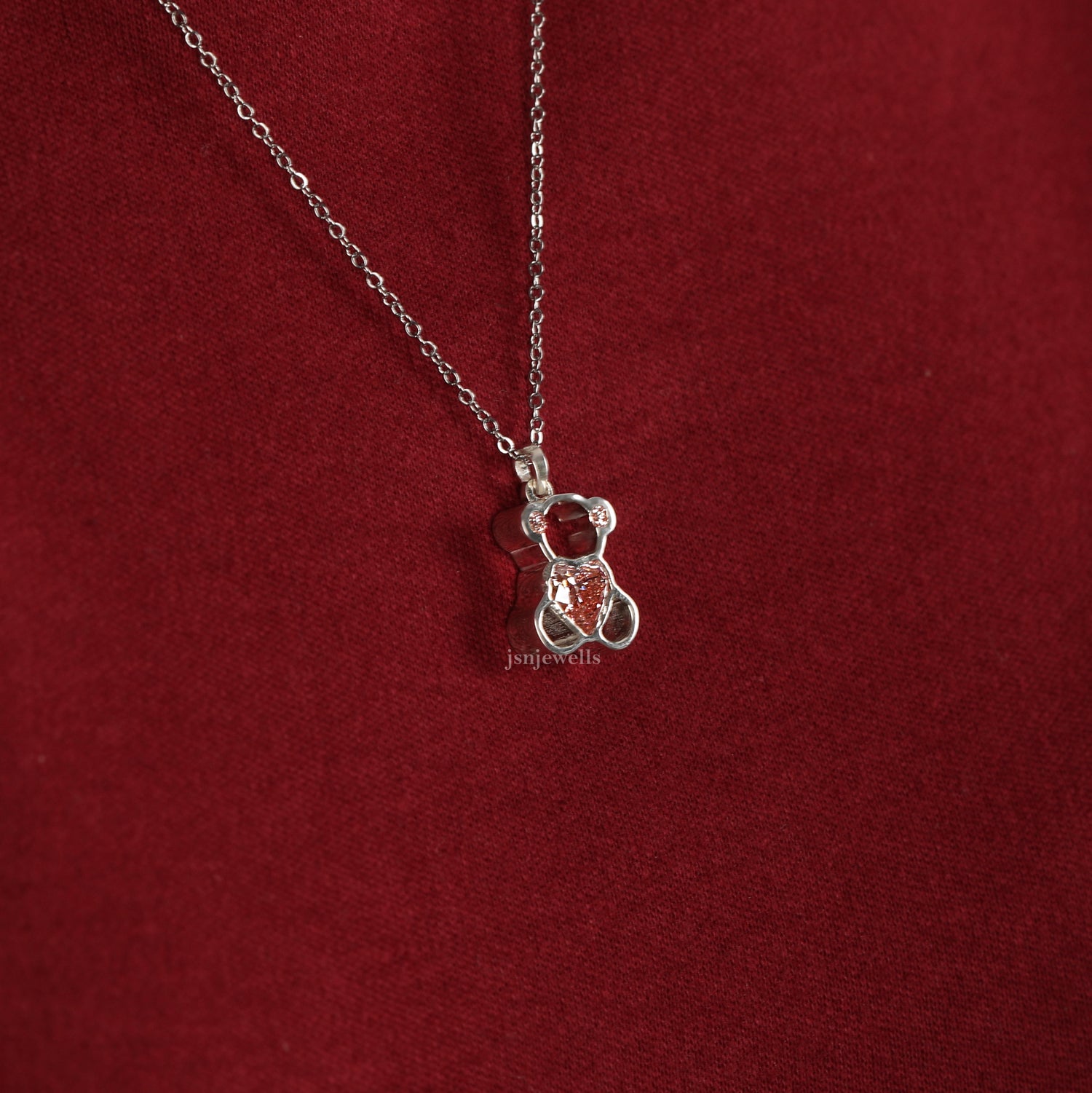 Pink Heart Shape Lab Grown Diamond Teddy Bear Style Pendant Necklace