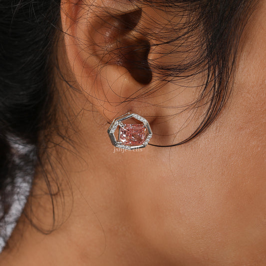 Pink Radiant Cut Lab Grown Diamond Dainty Halo Stud Earrings