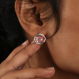 Pink Radiant Cut Lab Grown Diamond Dainty Halo Stud Earrings