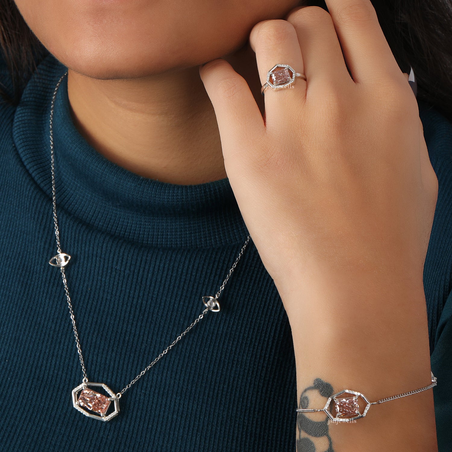 Pink Radiant Cut Lab Grown Diamond Dainty Halo Pendant Necklace