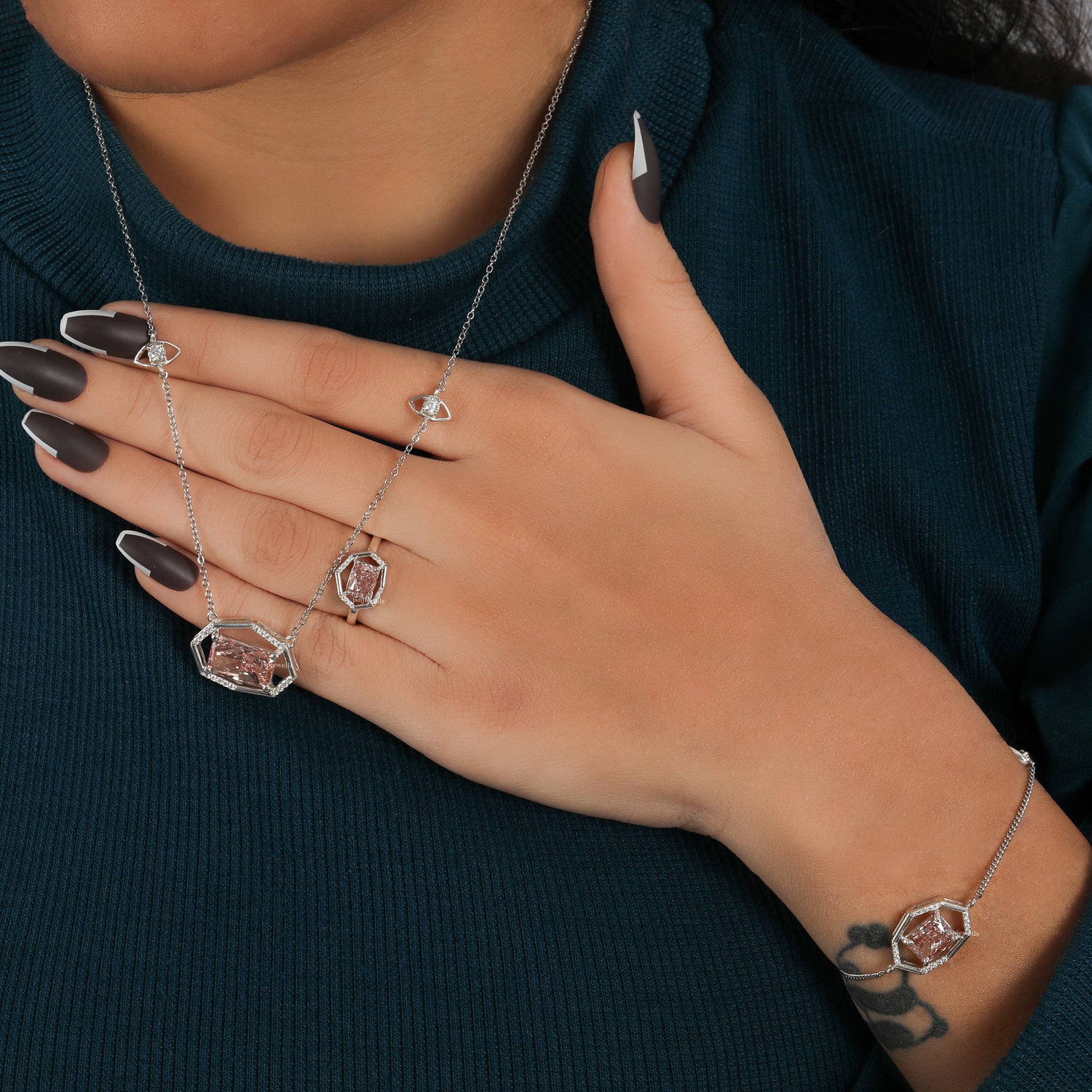 Pink Radiant Cut Lab Grown Diamond Dainty Halo Bracelet