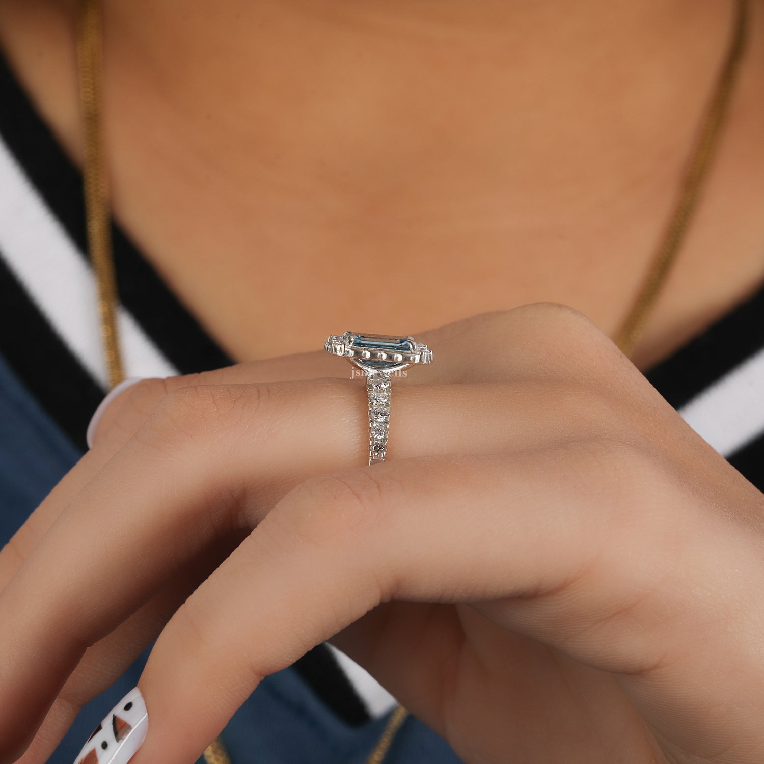 Blue Emerald Cut Lab Grown Diamond Halo with Pave Engagement Ring