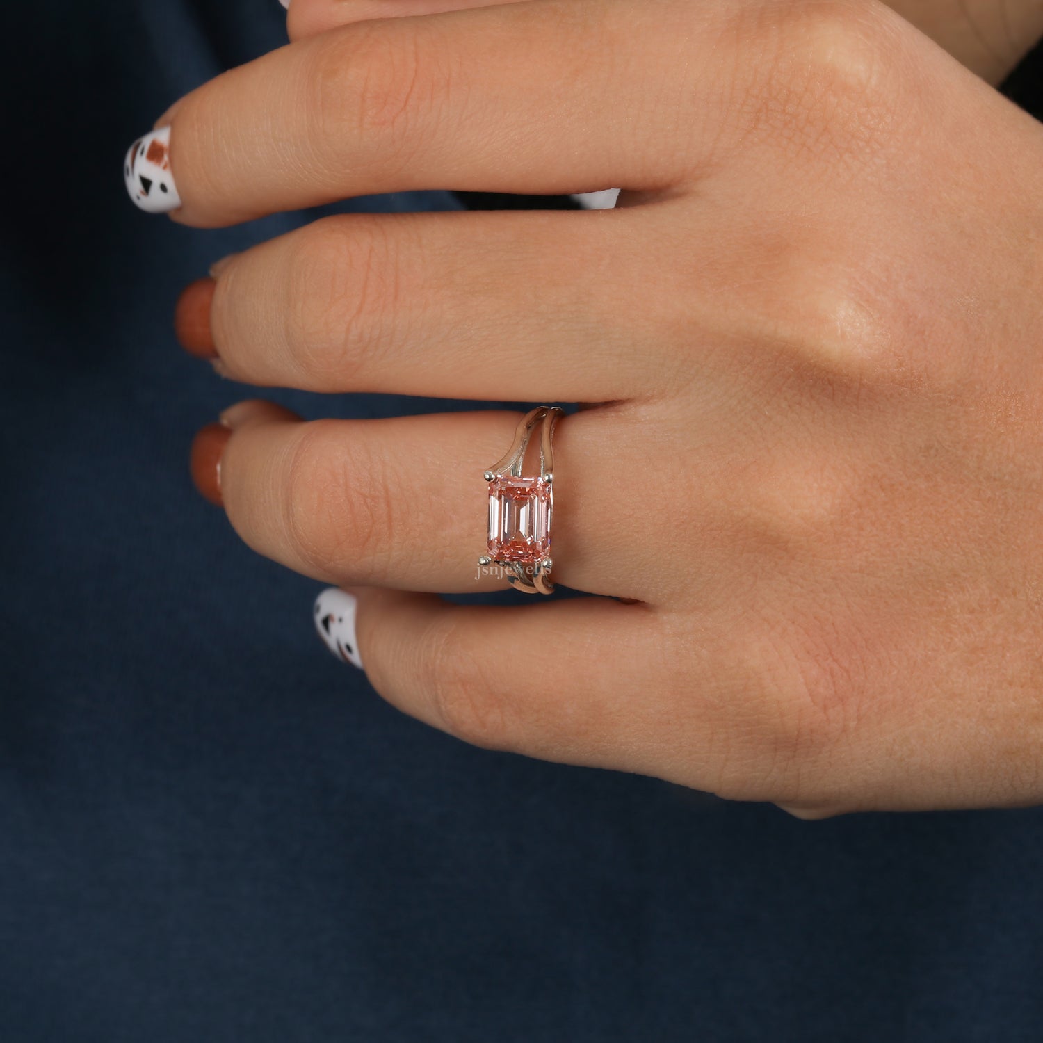 East West Pink Emerald Cut Lab Grown Diamond Split Shank Solitaire Engagement Ring