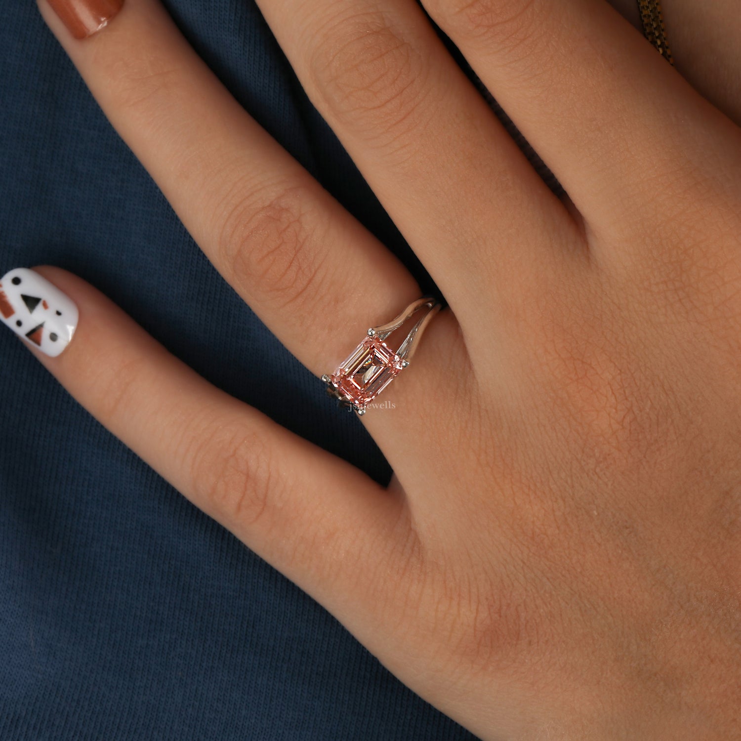 East West Pink Emerald Cut Lab Grown Diamond Split Shank Solitaire Engagement Ring