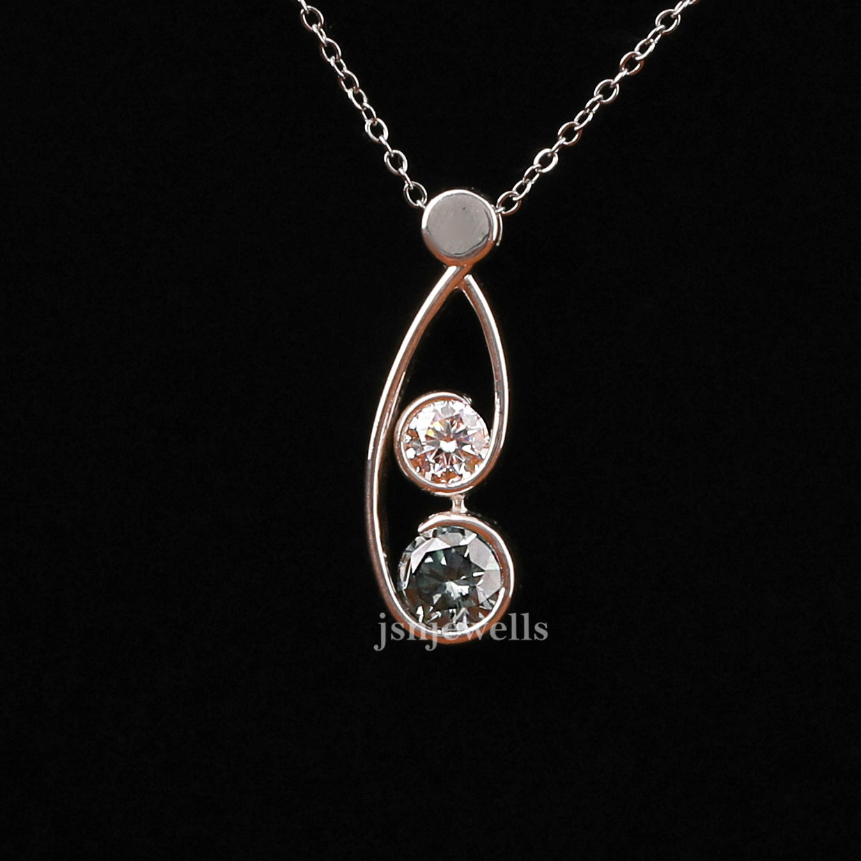 White & Green Round Cut Lab Grown Diamond Two Stone Pendant Necklace