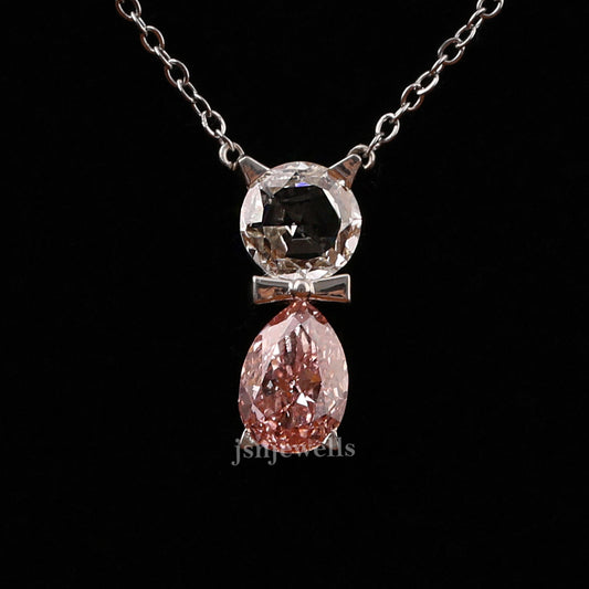 Pink Pear & Round Cut Lab Grown Diamond Two Stone Pendant Necklace