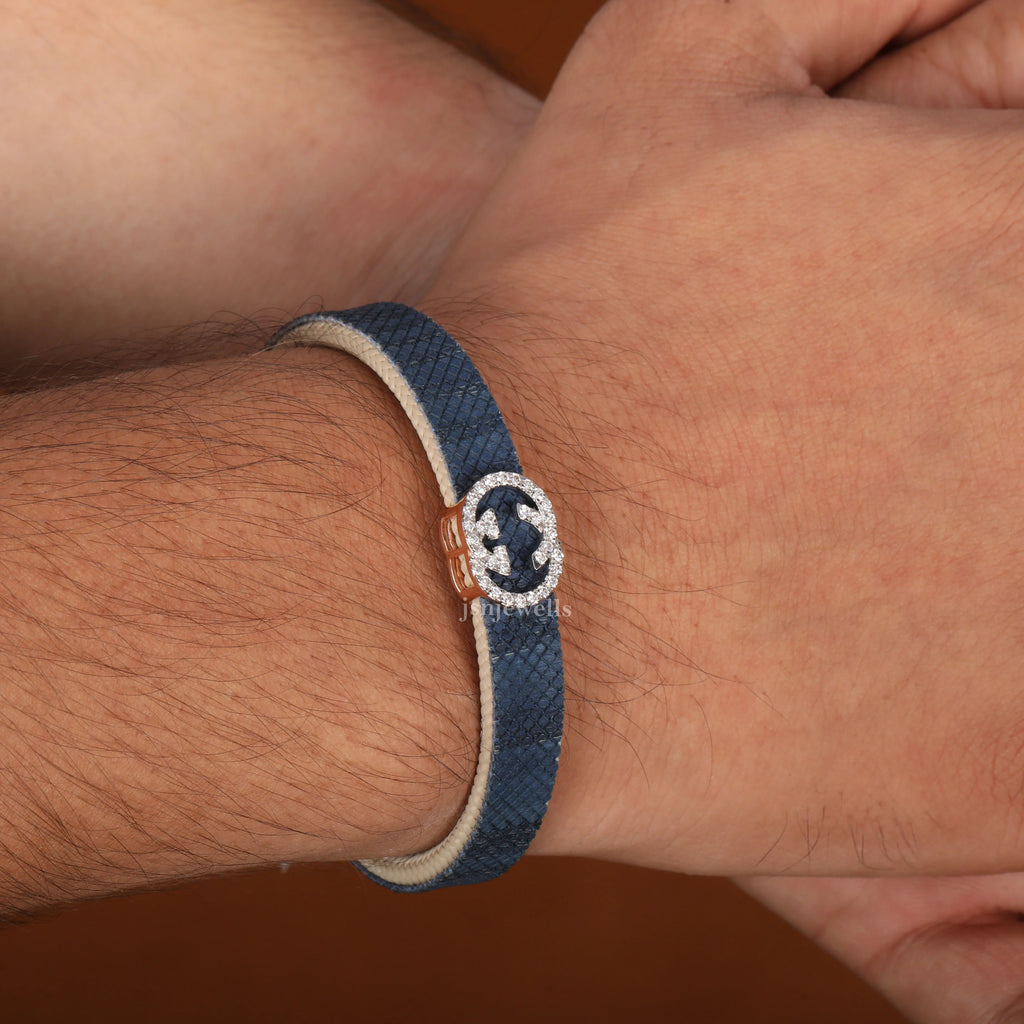 Handcrafted Blue Belt and Lab Created Diamond Men's Bracelet