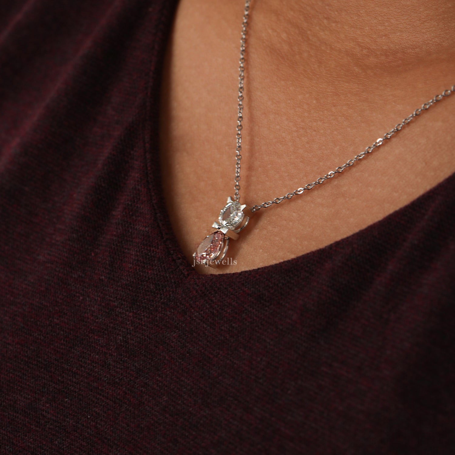 Pink Pear & Round Cut Lab Grown Diamond Two Stone Pendant Necklace