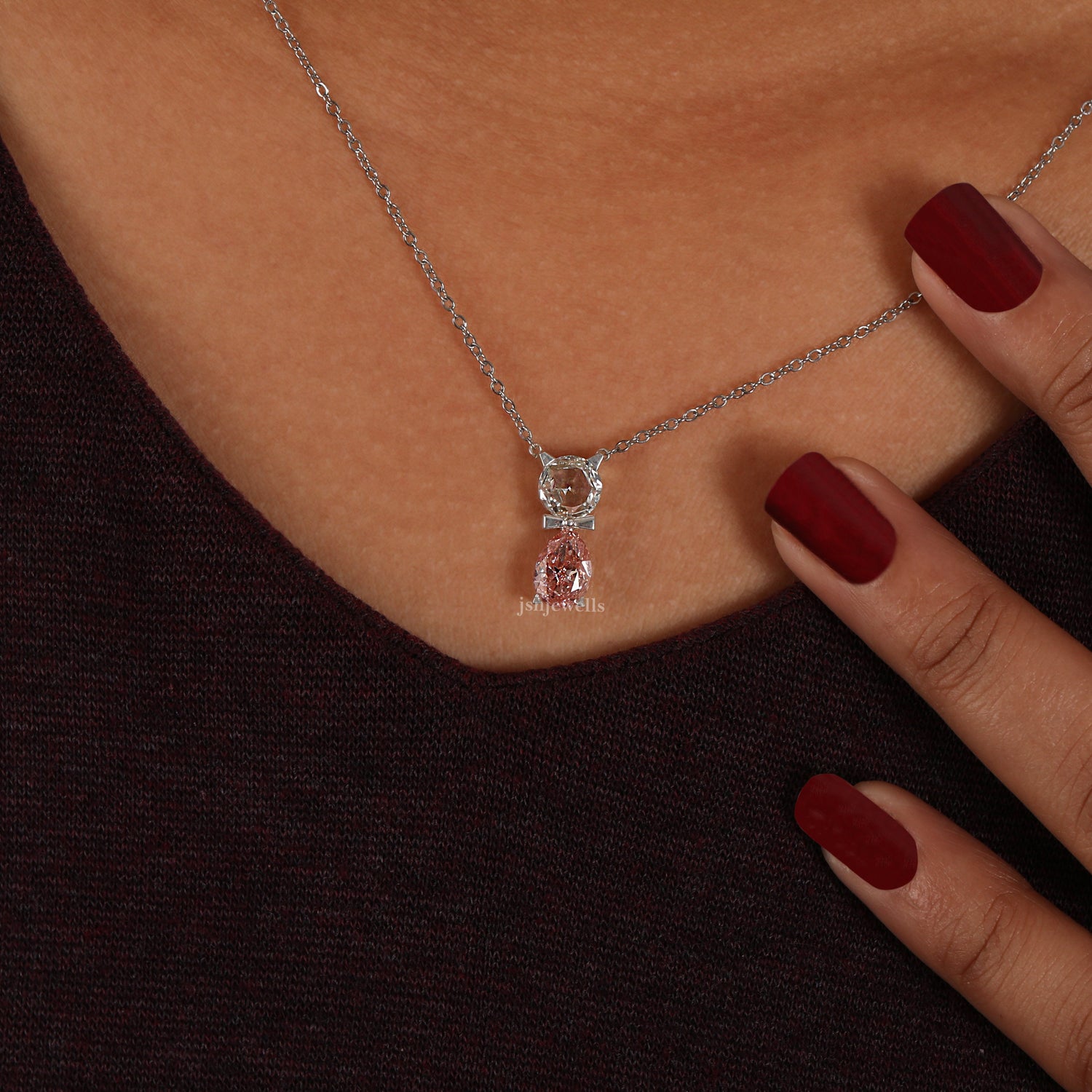 Pink Pear & Round Cut Lab Grown Diamond Two Stone Pendant Necklace