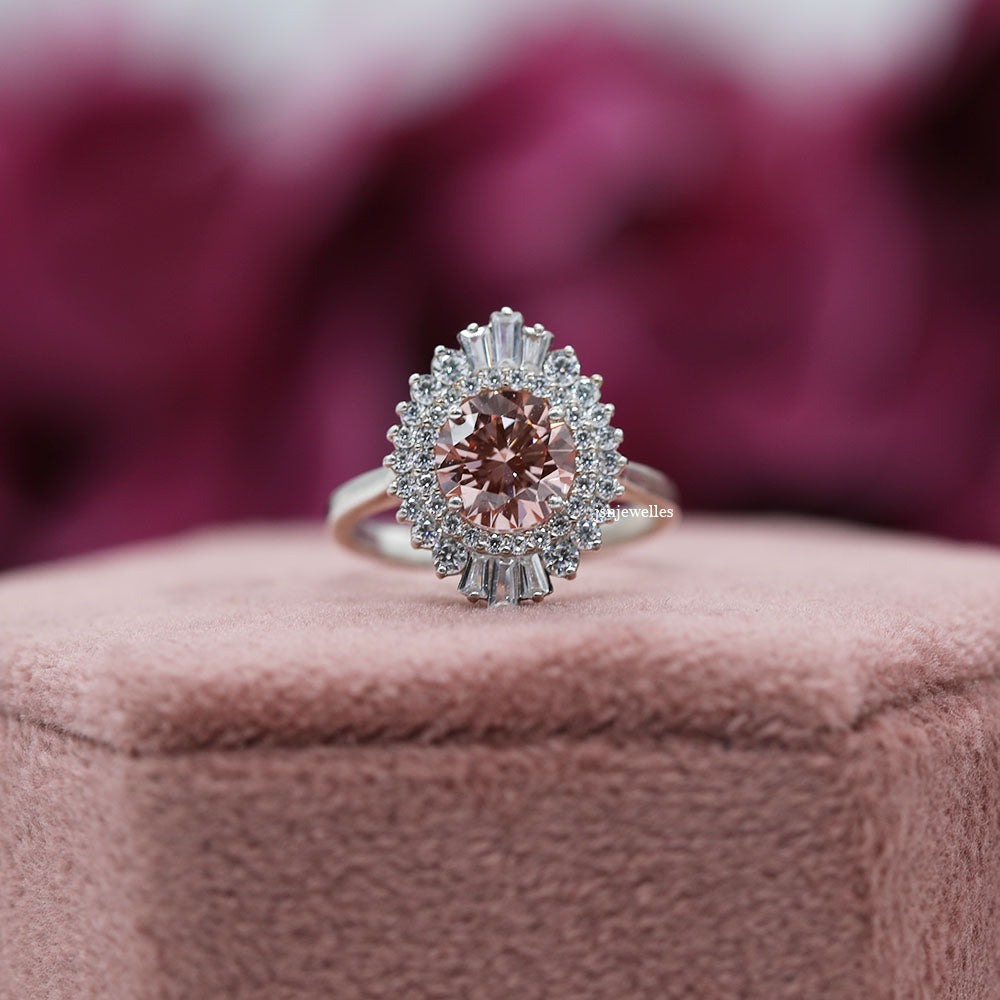 Pink Round Cut CVD Diamond Halo Cluster Ring