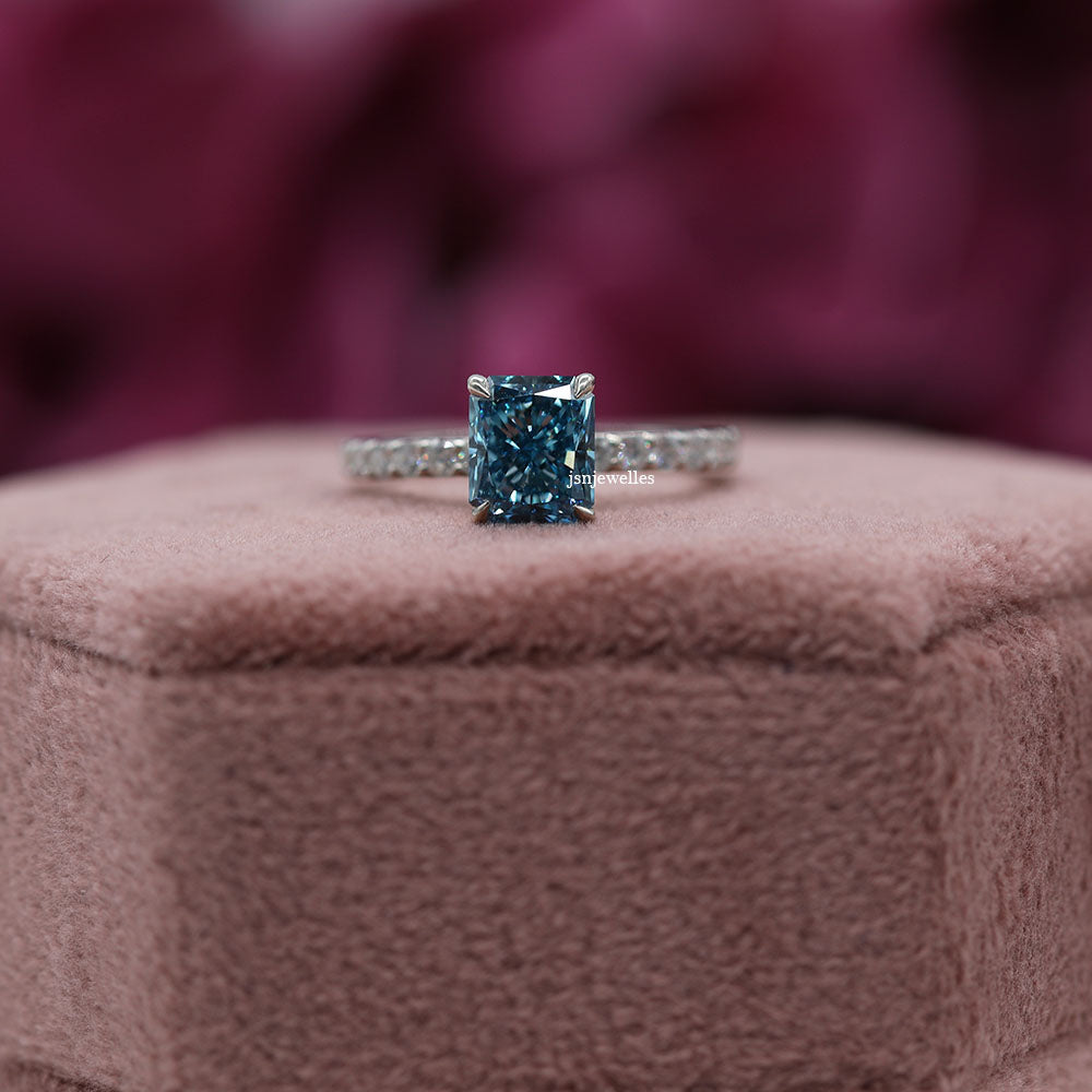 Blue Radiant Cut Lab Grown Diamond Pave Wedding Ring