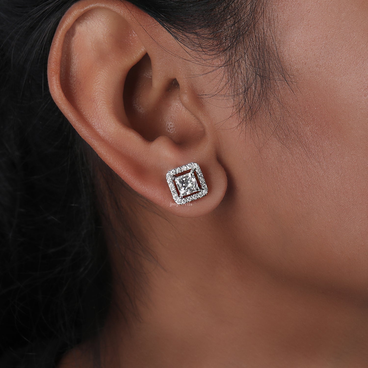 Princess Cut Lab Grown Diamond Halo Stud Earrings