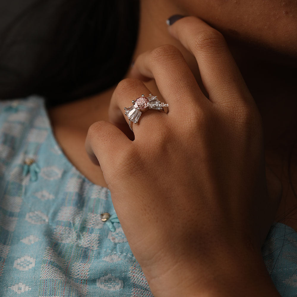 Pink Round Lab Diamond Tapered Baguette Engagement Ring