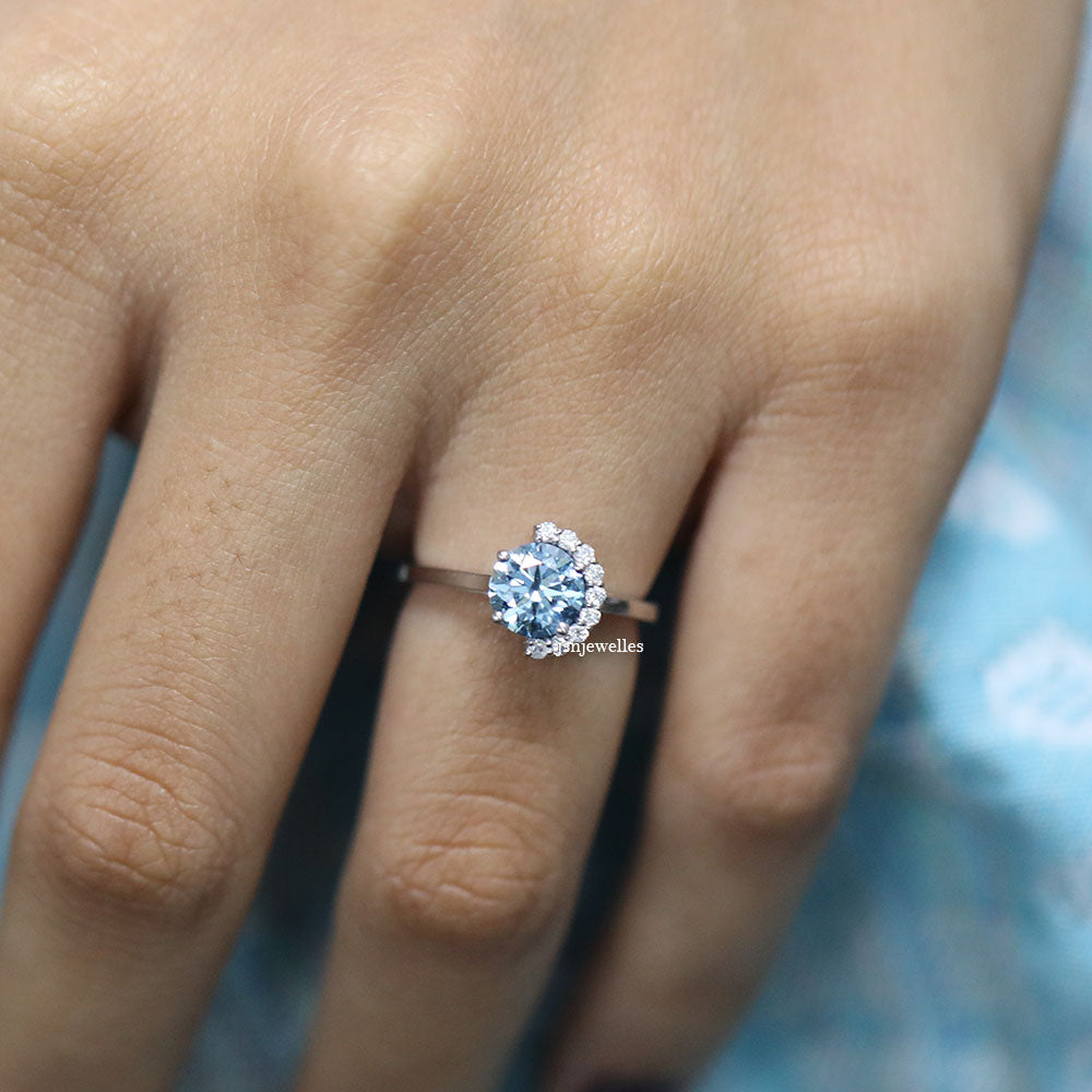 1 CT Blue Round Cut Half Halo Diamond Engagement Ring