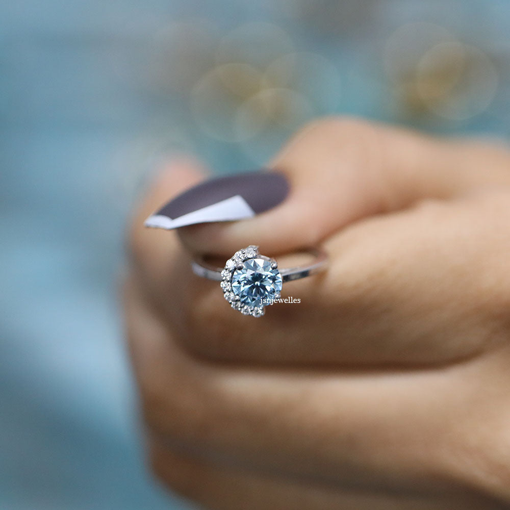 1 CT Blue Round Cut Half Halo Diamond Engagement Ring