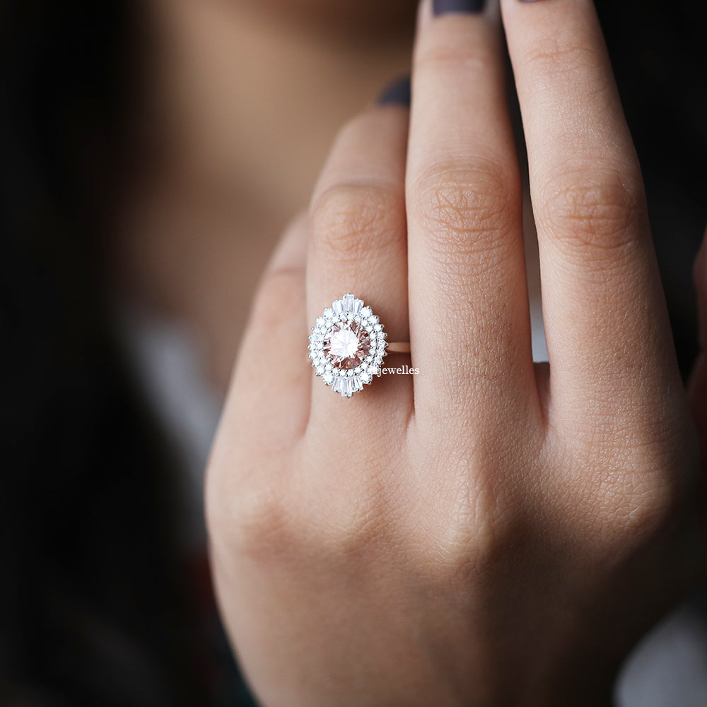 Pink Round Cut CVD Diamond Halo Cluster Ring