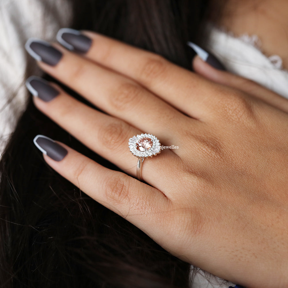 Pink Round Cut CVD Diamond Halo Cluster Ring