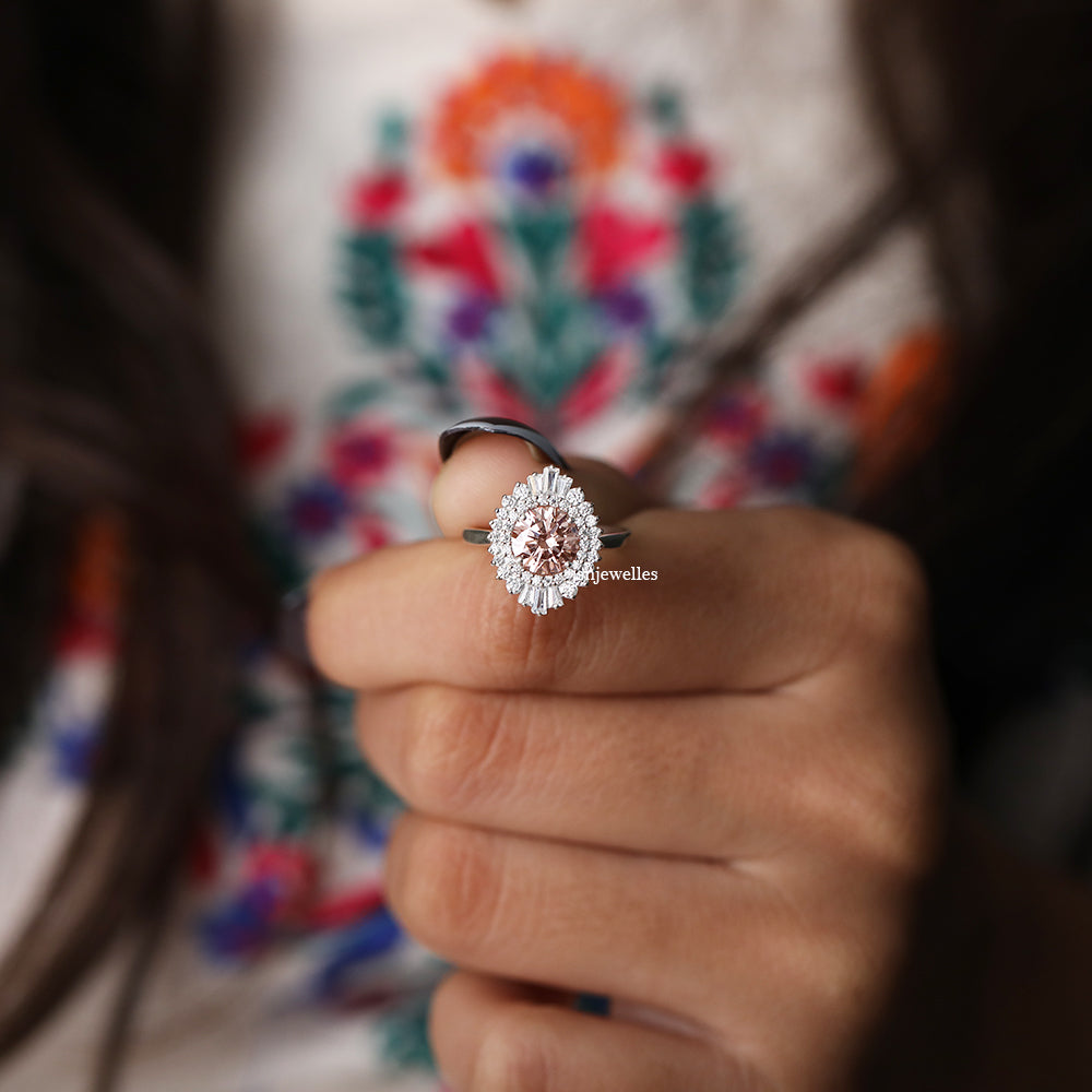 Pink Round Cut CVD Diamond Halo Cluster Ring