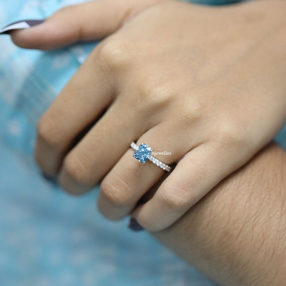 Blue Radiant Cut Lab Grown Diamond Pave Wedding Ring