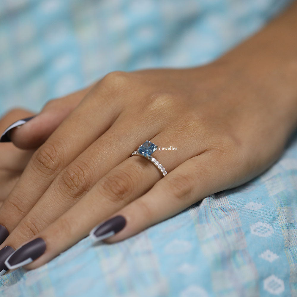 Blue Radiant Cut Lab Grown Diamond Pave Wedding Ring