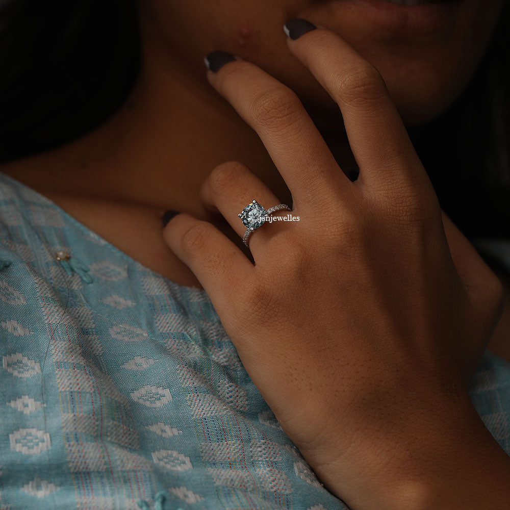 Blue Round Cut Lab Grown Diamond Engagement Ring