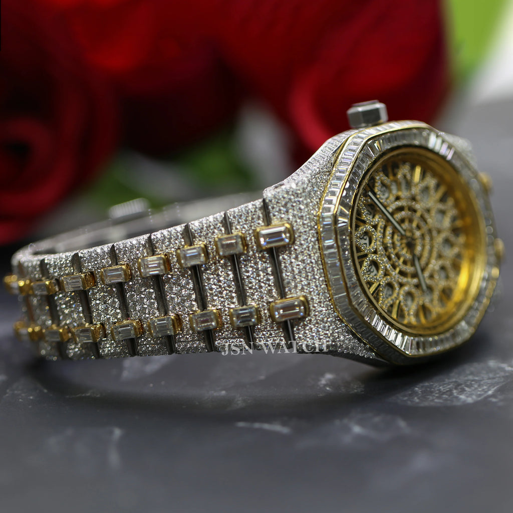 Two-Tone Moissanite Watch With Unique Iced Out Pattern