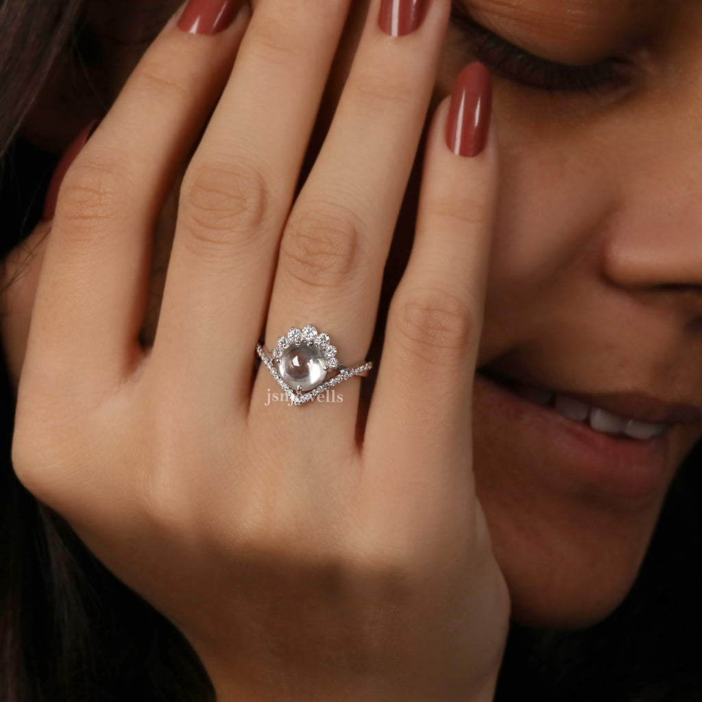 Cabochon Round Cut Diamond Wishbone Curved Ring