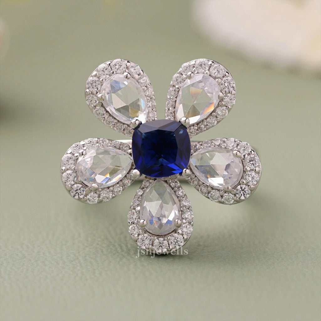 Cushion Cut Blue Sapphire And CVD Diamond Rose Cut Pear Flower Ring