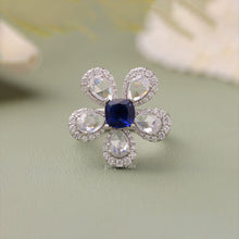 Cushion Cut Blue Sapphire And CVD Diamond Rose Cut Pear Flower Ring