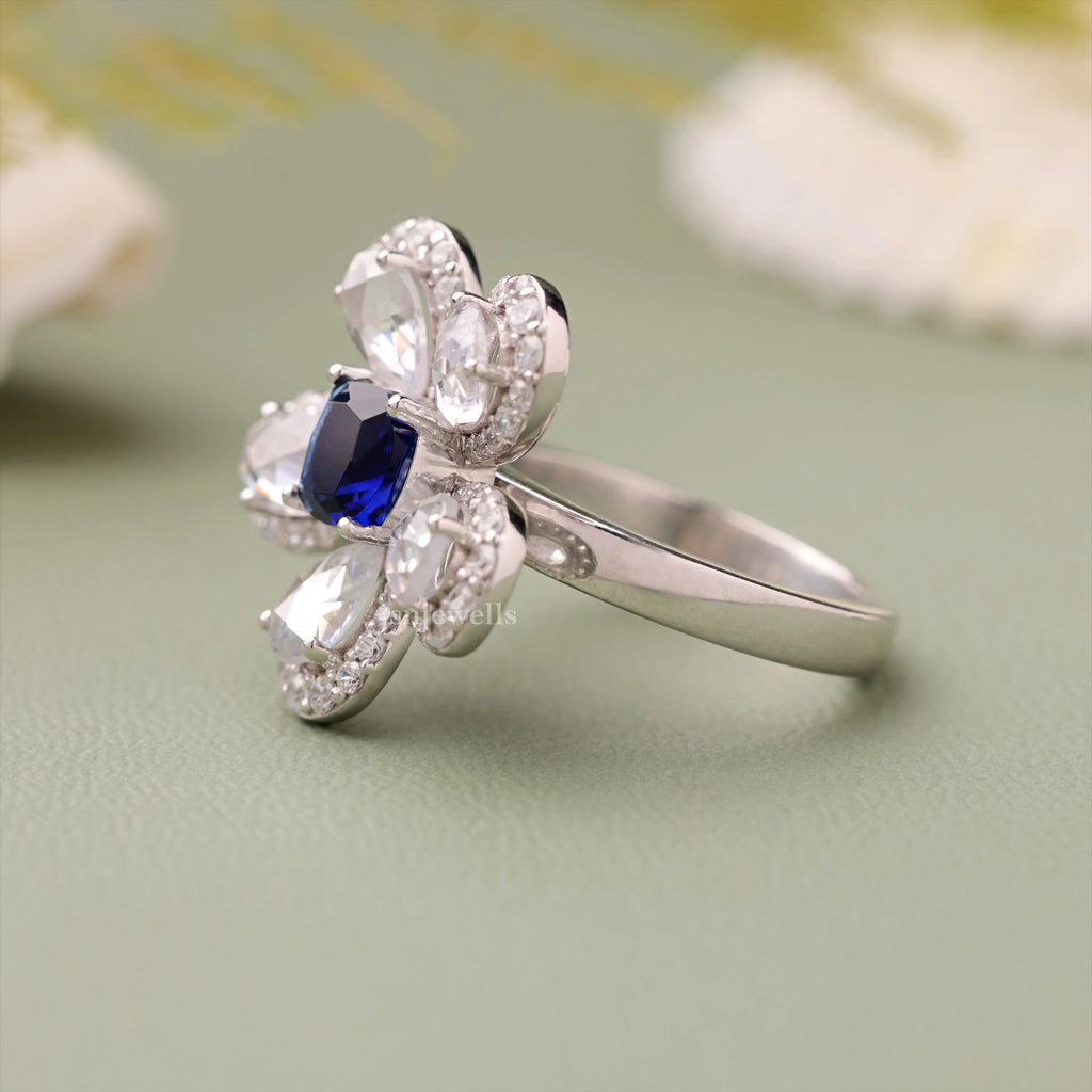 Cushion Cut Blue Sapphire And CVD Diamond Rose Cut Pear Flower Ring